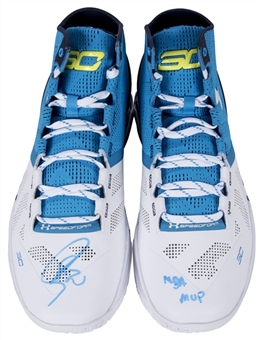 Stephen Curry Autographed and Inscribed "NBA MVP" Under Armour Curry 2 Basketball Sneakers (Blue and White) (Fanatics)
